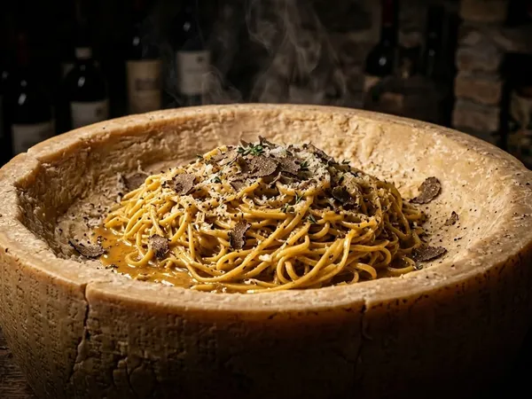 Taglioline Forma aus dem Parmesanlaib mit Trüffelcreme